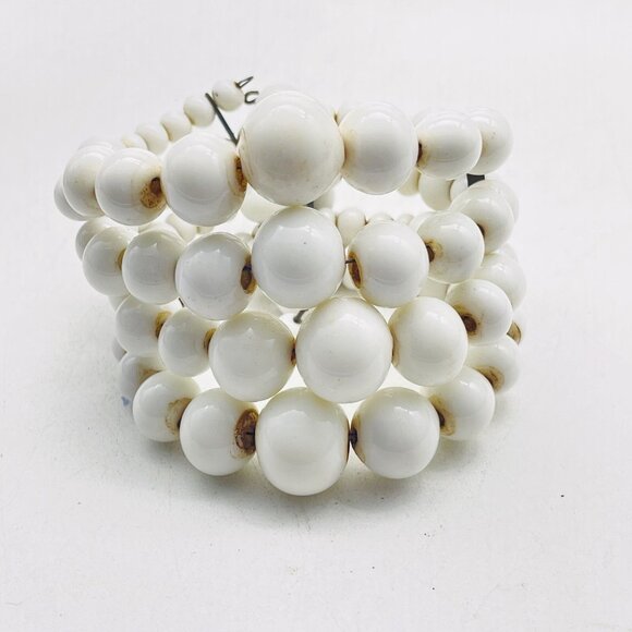 White Milk Glass Bead Cuff Bracelet Four Row Stretch Vintage Statement - Picture 2 of 6